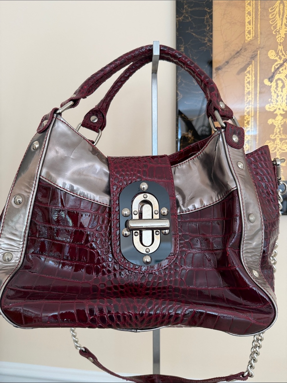 Croc-Embossed Italian Satchel in Deep Burgundy with Silver Accents